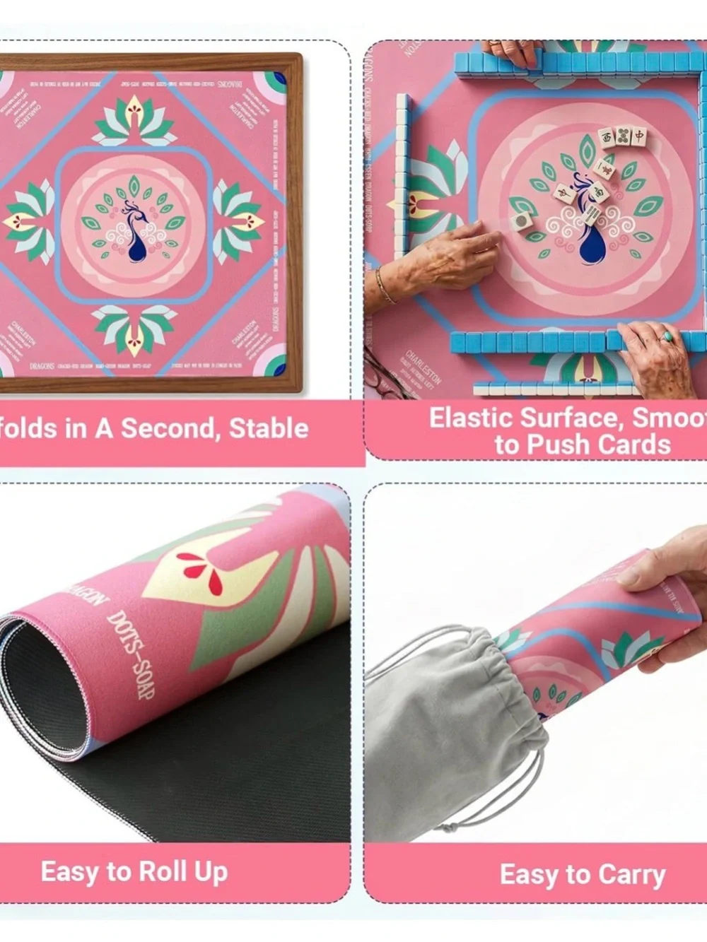 Mahjong Mat,American Mahjong Mat with Rules, 32x32,Rubber Non-Slip cover,peacock
